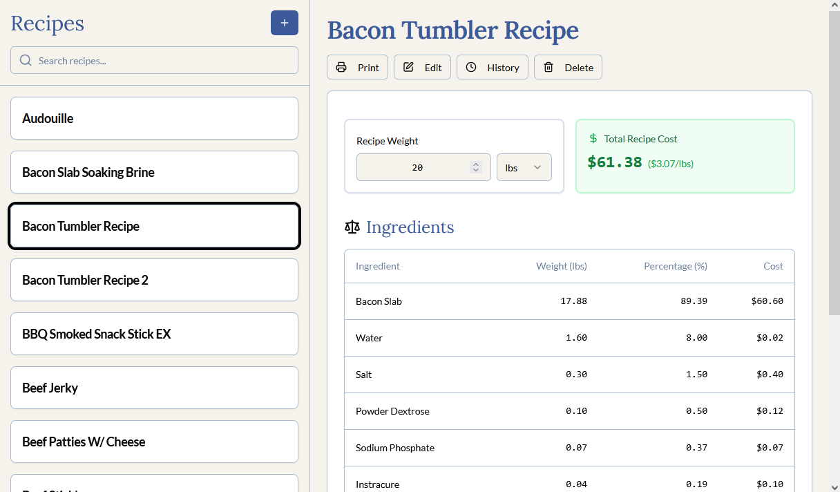 Porky Recipe Page showing sausage recipe with scaled ingredients